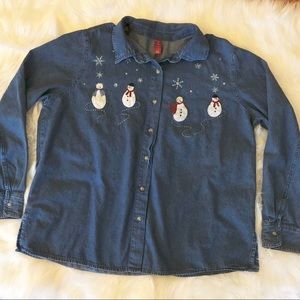 Denim Shirt w/ Snowmen Snowflakes Winter Scene - Size XXL